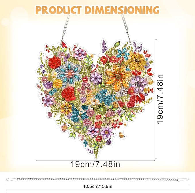 Heart-Shaped Flower Diamond Art Hanging Kits for Adults, Diamond Art Suncatchers Flowers, 5D Special Shape Diamond Painting Pendant Window Ornament Gifts for Home Wall Door Decor