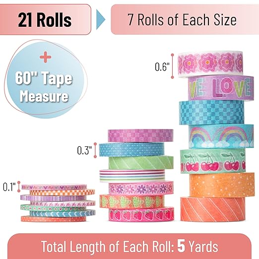 Mr. Pen- Washi Tape Set, 21 Rolls, Assorted Sizes, Pastel Bliss, Washi Tape for Journaling