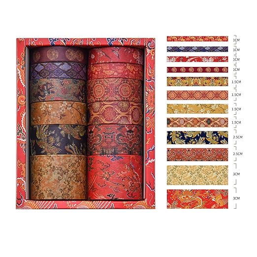 12 Rolls Chinoiserie Washi Tape Set Chinese Arts Adhesive Tapes Geometric Garden Decorative Masking Tape Sets for Craft, Kids, Scrapbook, DIY, Gift Wrapping (Prelude to a Night)