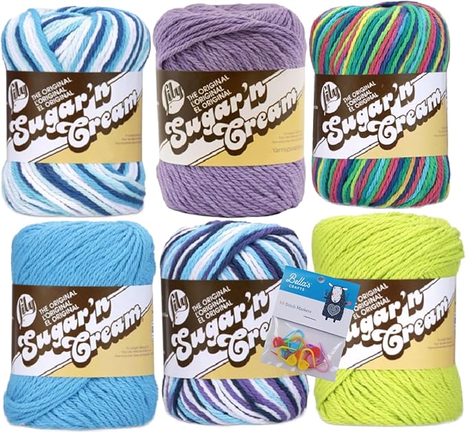 Lily Sugar'n Cream 100% Cotton Yarn 6-Pack Bundle with Bella's Crafts Stitch Markers (Blue-Green Mix)