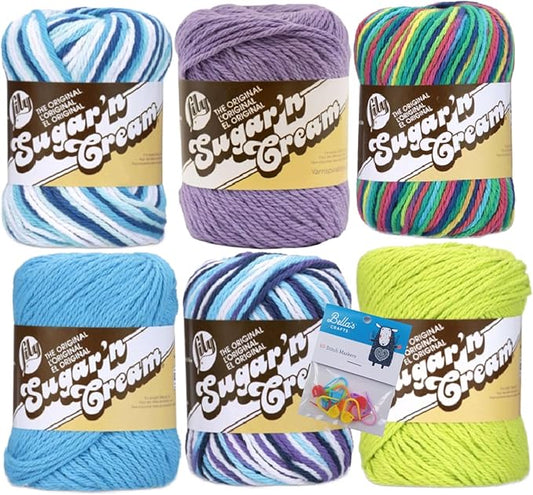 Lily Sugar'n Cream 100% Cotton Yarn 6-Pack Bundle with Bella's Crafts Stitch Markers (Blue-Green Mix)