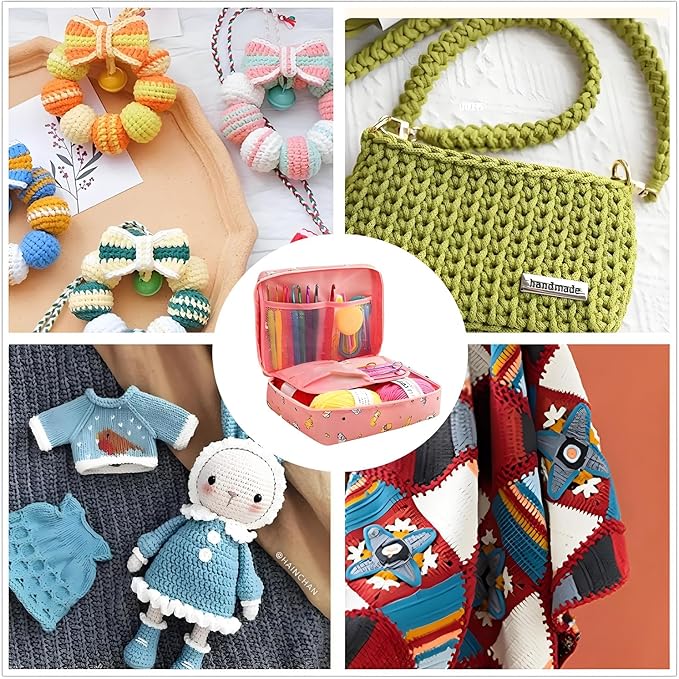 QRZLP Complete Crochet Kit with Storage Bag - 59-Piece Beginner Crochet Set Includes Yarn Balls, Crochet Hooks, Stitch Markers, Needles & Accessories for DIY Knitting, Amigurumi, and Craft Projects.