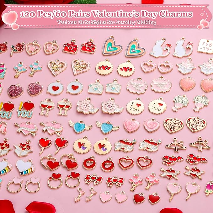 Modacraft 120 Pcs / 60 Pairs Valentine's Day Charms - Gold Enamel Valentine Charms for Jewelry Making, Multiple Romantic Styles Pendant for Making Necklaces, Earrings, Valentine's Day Gifts