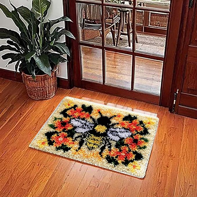 Golden Bee and Flower Latch Hook Kit, Vibrant Floral Bee Rug Design for Home Décor, Nature Inspired Latch Hook Rug , DIY Rug Making Kit for Adults & Beginners, 23.6''x15.8'' (Bee & Blossoms)