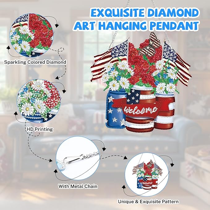 Bowetile Independence Day Diamond Art Hanging American Flag Kits for Adults, 4th of July 5D Diamond Painting USA Window Pendant Kits, Special Shape Gem Art Suncatcher Ornament for Home Wall Decor