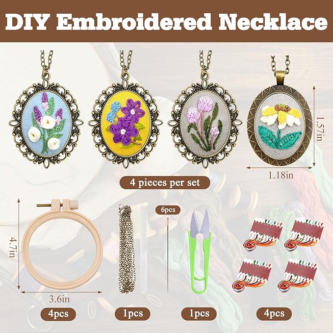 ZOCONE New 4 Packs Embroidery Necklace Kits, Embroidery Pendant Kit Mini Cross Stitch Kit with Hoop, Necklace, Pendant, Stamped Pattern Cloth, Instructions, etc., Embroidery Kits for Adults