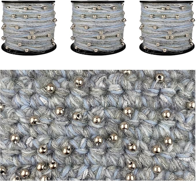 Artisanal Yarn Collection Multifiber Fancy Yarn with Silver Beads for Knitting Crocheting Crafts DIY, Set of 3 Rolls (Dusty Blue & Silver Beads)