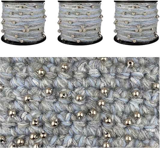 Artisanal Yarn Collection Multifiber Fancy Yarn with Silver Beads for Knitting Crocheting Crafts DIY, Set of 3 Rolls (Dusty Blue & Silver Beads)