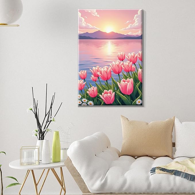ATDMS Paint by Numbers Kit for Adults with Frame Flowers Adult Paint by Number Kits Framed Canvas Seaside Sunset Paint by Number with Easel DIY Mountain Oil Painting kits for Home Wall Decor 8x12 Inch