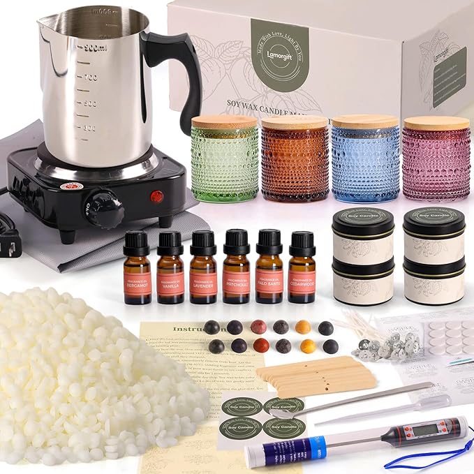 LAMORGIFT Soy Candle Making Kit with Wax Melter for Adults- Natural Soy Wax with Candle Making Supplies, 4 Jars& 4 Tins, Wax Melting Pot and More, Colored Scented Candle DIY Kit for Christmas Gift Set