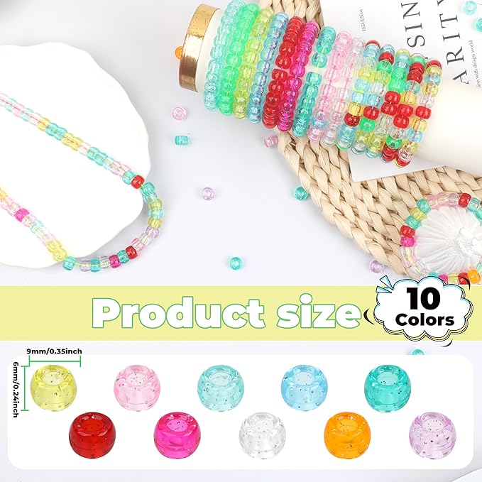 Glitter Pony Beads - 1000 Pcs Clear Plastic Beads for Friendship Bracelets - Assorted 10 Colors - 6x9mm