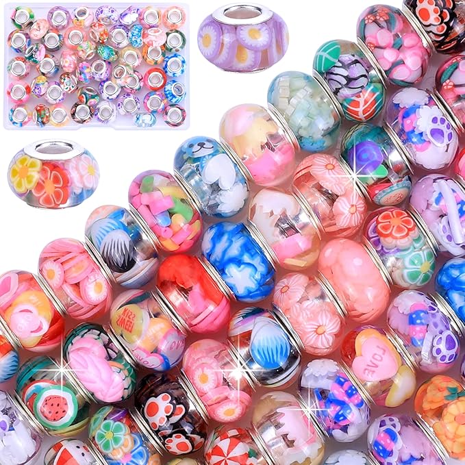 AIPRIDY Girls' Lucky Beads Lover Amber Beads, Big Hole Spacer Beads European Craft Beads for DIY Charms Bracelet Jewelry Making (Silver core Mix Color)