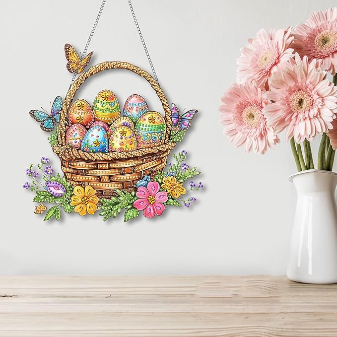 Kaliosy Sun Catcher Easter Window Hanging - Outdoor Porch Decor, Eggs Flowers-Themed Diamond Art Ornament, Acrylic Board Diamond Painting for Wall Home Garden, Front Door Sign, Indoor Decor 8x8 inch