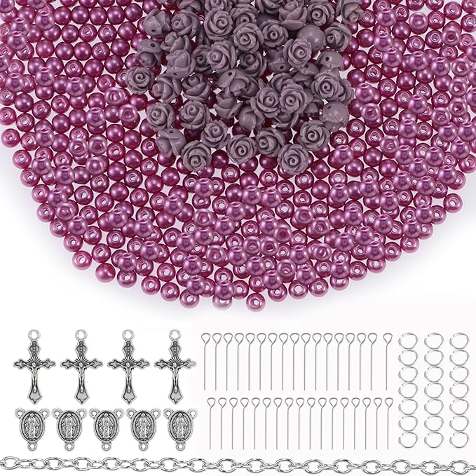 OEMOO 1410PCS Rosary Jewelry Making Kit Rosary Prayer Making Supplies Carved Rose Beads Cross Centerpiece Crucifix Medal, Silver Jesus Maria Pendant for Rosary Bracelet Necklace Jewelry (Purple)