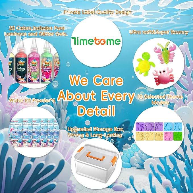 timetome magic water elf toy kit for kids – 20 gels (11 standard + 6 glitter + 3 glow) & 10 molds, diy squishy maker, aqua fairy gel toys, night glow & glitter, birthday gifts for boys & girls 3+