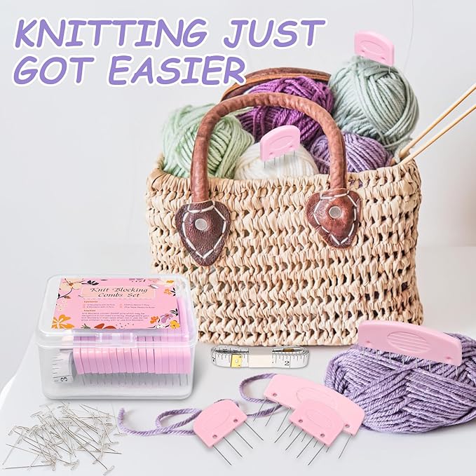 120 Pcs Knit Blocking Combs Pins Kit, 20Pcs Pink Color Knit Blockers Pins Kit, 100 T-pins for Blocking Knitting Crochet, Needlework Projects, Knitting Block Pins Tool for Blocking Mats