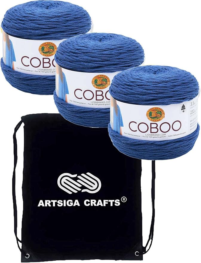 Lion Brand Coboo Steel Blue 835-109 (3-Skeins - Same Dye Lot) DK Light Worsted #3 Cotton, Bamboo Yarn for Crocheting and Knitting with Project Bag