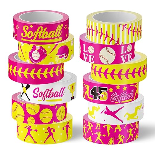 12 Rolls Softball Washi Tape Softball Birthday Party Decorations Sports Ball Masking Tape Set Pink Yellow Decorative Wrapping Paper Tapes for Scrapbook Journal DIY Art Crafts