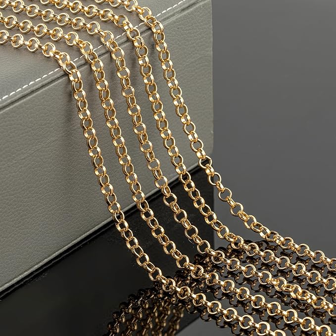 YOUBEIYEE 10 Meters Gold Plated Chain for Jewelry Making, Aluminum Rolo Necklace Chain for Men and Women Lightweight Craft Chain Roll