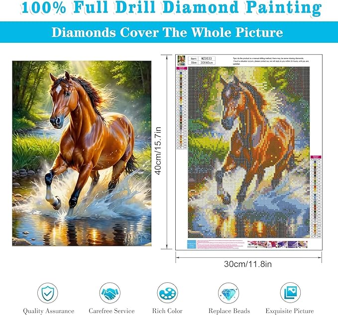 mrpwnle Horse Diamond Painting Kits for Adults - Horse Diamond Art Kits for Adults Beginners, 5D Round Full Drill Crafts Gem Art Painting Kits for Home Decor Gifts12x16 inch