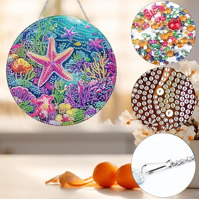 Bimkole Starfish Diamond Art Hanging Kit for Adult, DIY 5D Diamond Art Oceans Window Pendant, Acrylic Crystal Art Hanging Ornament Home Wall Garden Front Door Sign Outdoor Decor 7.8x7.8 Inch