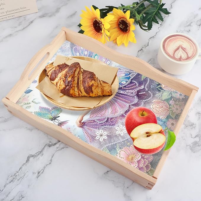 DIY Diamond Art Tray with Handle Diamond Art Painting Plate Creative Design Handmade Wooden Tray Mosaic Making Kits by Number Kits Diamond Art for Coffee Living Room Home Organizer (Purple Elf)