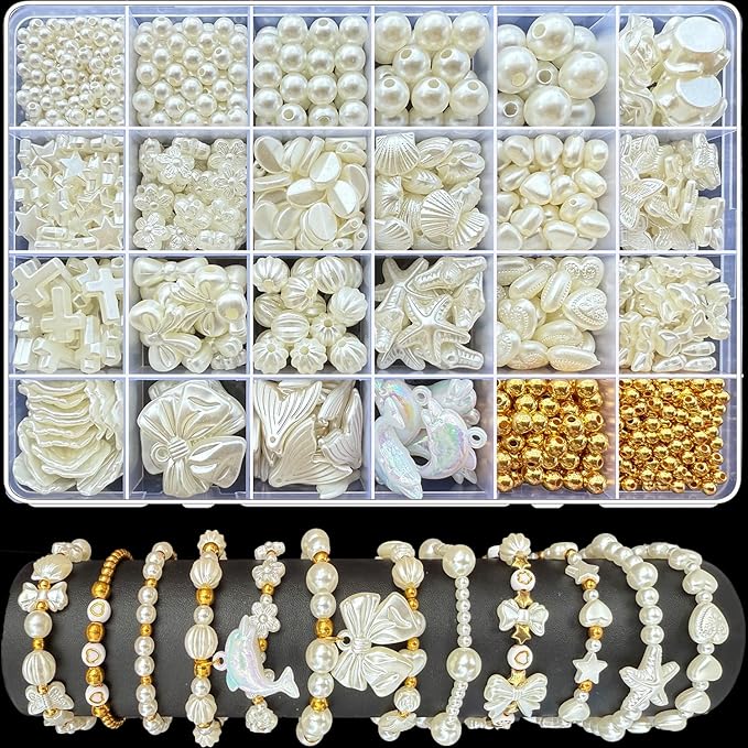 990Pcs ABS Imitation Pearl Beads for Jewelry Making, Assorted Heart Star Bow Flower Seashell Starfish Aesthetic Cute Bead for Bracelet Necklaces Earrings DIY Crafts Phone Charm Keychain
