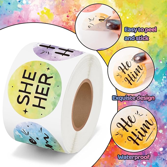 beyumi pronoun round rainbow stickers - 1000pcs pronoun stickers in 2 rolls gender identity label they them he him she her nonbinary decals for home party conference badges parades events decoration