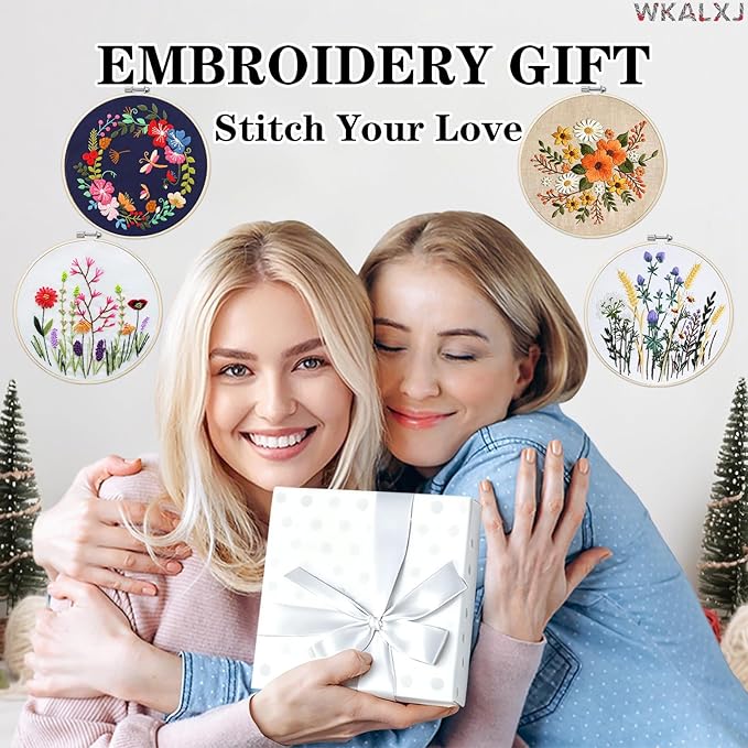 WKALXJ 4 Sets Embroidery Kits for Beginners Cross Stitch Kits Needlepoint Kits Crafts for Adults with Tools, Threads, Instructions, Needle Point Kits with Flower Stamped Patterns (Flowers A)