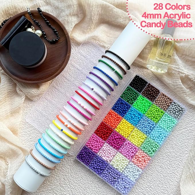 LLchunyun 5600Pcs 4mm Acrylic Round Beads for Bracelets Making Kit, 28 Colors Rainbow Round Beads for Jewelry Making Candy Color Plastic Bubble Gum Beads Pastel Loose Beads Bulk for Necklace (4mm)
