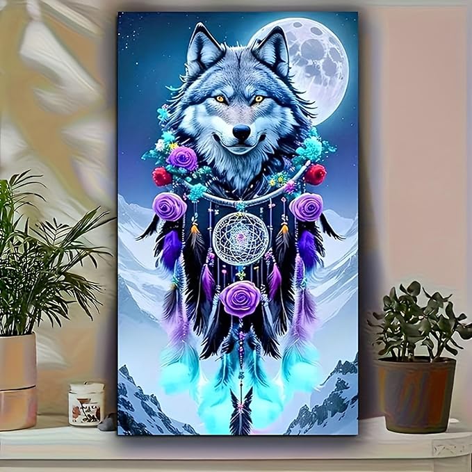 KUFWKEY Dreamcatcher Diamond Art,Wolf Diamond Art Kits for Adults, Full Round Drill Diamond Painting Kits,Animal Diamond Mosaic Art for Adults,Home Decor,Large Size,16x28 inch
