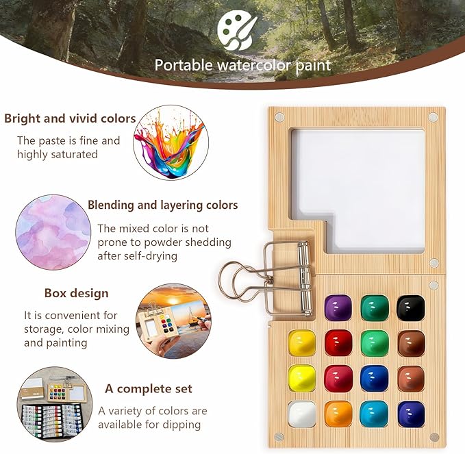 Mini Watercolor Paint Set Bamboo Travel Kit with Watercolor Palette Paintbrush Storage Bag and Water Storage Bottle Ready to Use Watercolor Sets for Artists and Beginners（15 Squares）