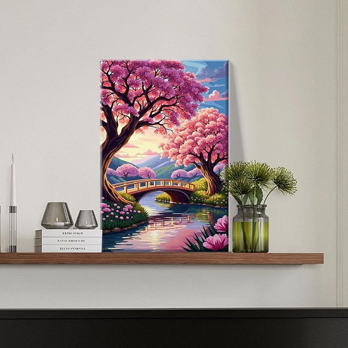 JOOZ Landscape Paint by Numbers Kit for Adults with Frame Sakura Paint by Number with Easel Mountain Adult Paint by Number Kits Framed Canvas F Lowers Oil Painting Kits for Home Wall Decor 8x12 Inch