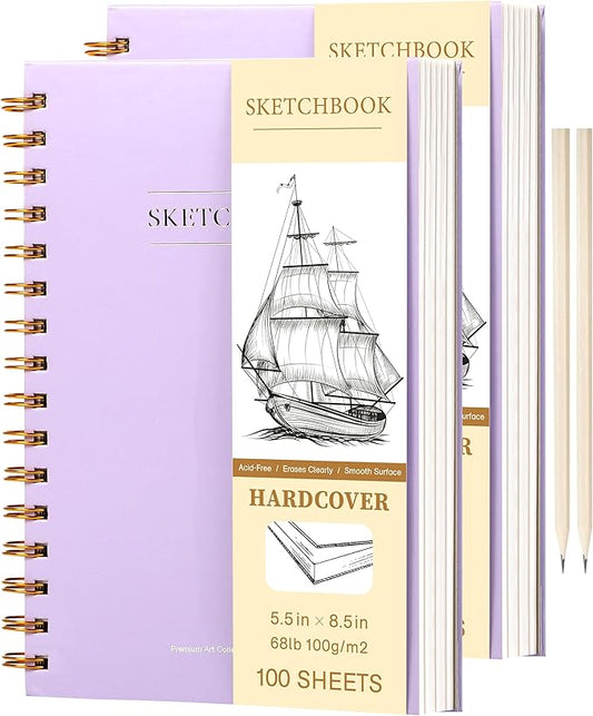 2 Pack Sketch Book Small Sketchbook for Drawing 100 Sheets Hardcover Spiral Sketch Pad for Kids 5.5" x 8.5" Art Sketchbook Drawing Blank Paper Book for Beginner Artist with Pencil