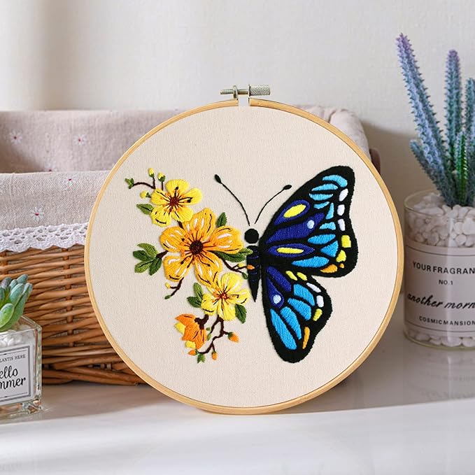 Santune 3 Pack Embroidery Kit for Beginners Adults Cross Stitch Kits with Butterfly Patterns and Instructions,DIY Hand Crafts with 1 Hoop,Threads and 6 Needles