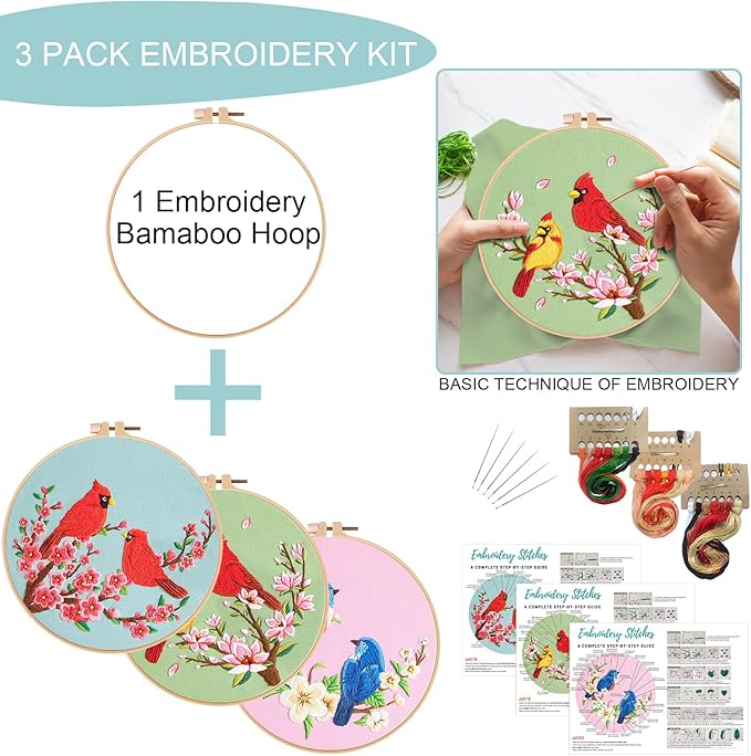Nuberlic 3 Pack Embroidery Kit for Beginner Adults, Cross Stitch Set with Cardinal & Blue Bird Patterns, Includes Cloth, Hoops, Threads, Needles, Instructions