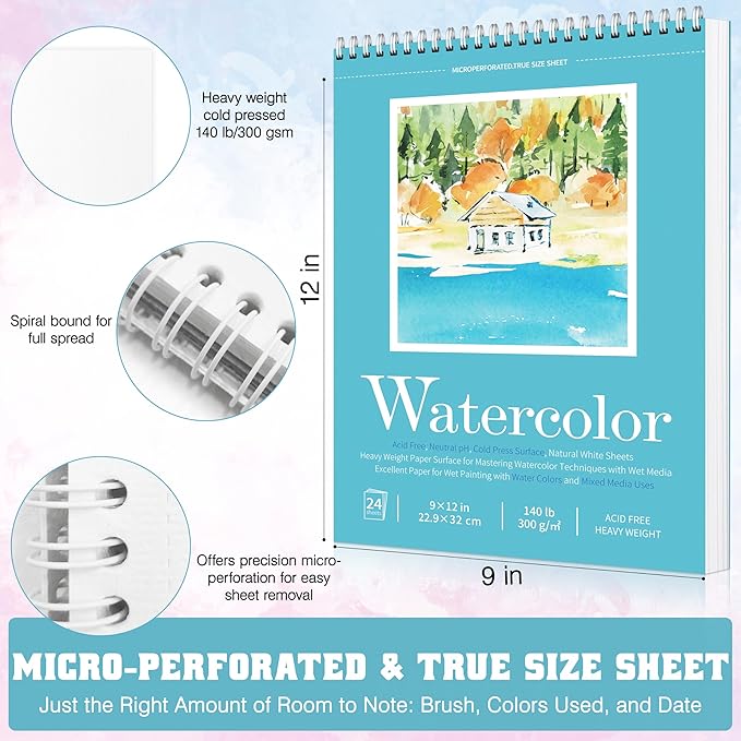 watercolor paper pad, watercolor sketchbook 9" x12” 140lb/300gsm, spiral bound water color pad journal and sketchbook for adults & kids, markers and art journaling