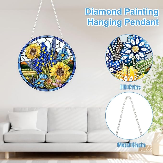 TOSTOG Diamond Art Hanging Kits for Adults, DIY Floral Diamond Painting for Adults Window Pendant, Special Shape Diamonds 5D Sunflower Diamond Painting Hanging Pendant Kit for Wall Decor Gift