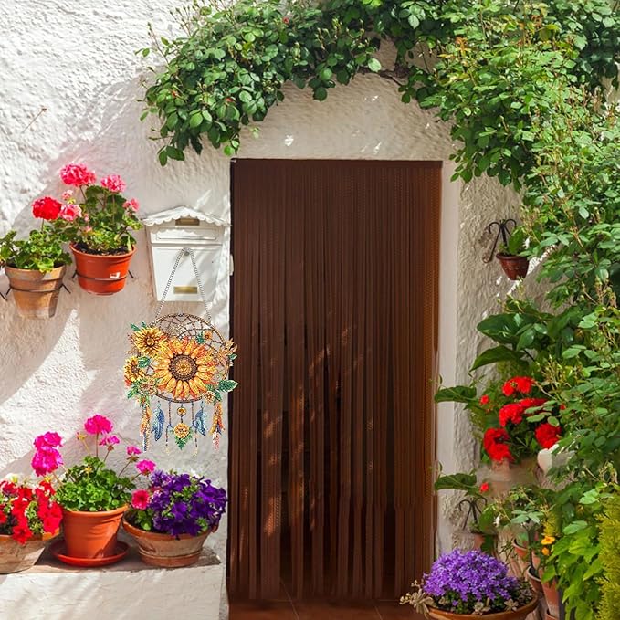 Sunflower Diamond Painting Hanging Ornament, Dream Catcher 5D Special Shape Diamond Art, Crafts for Adults DIY Gem Art, Acrylic Home Garden Window Wall Decor with Chain, Box Kit, 6.2×7.8in