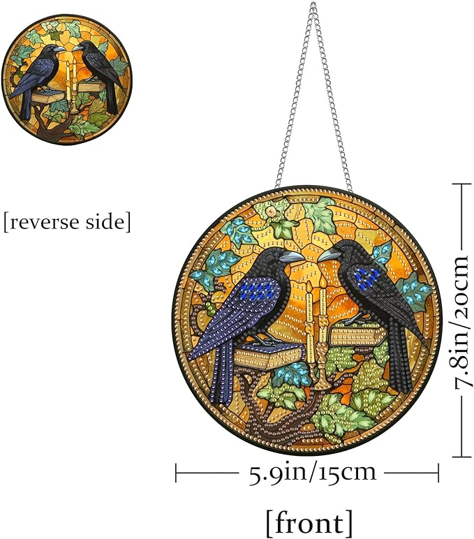 Pavemlo Hanging Diamond Art Kits for Adults Halloween Crow – 8x8 Inch Double-Sided Acrylic Board DIY Crystal Diamond Suncatcher Pendant, Sparkling Home Wall or Window Decoration Handmade Gift