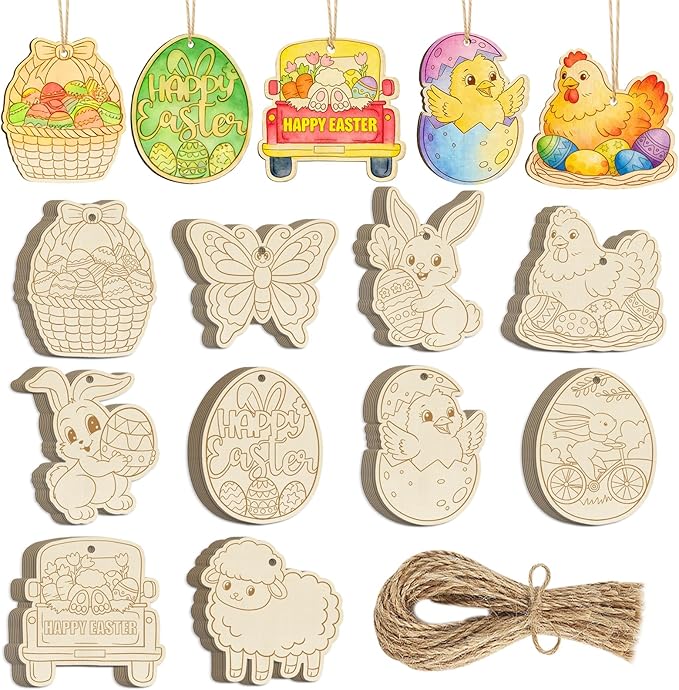 80PCS Wooden Easter Ornaments to Paint, 10 Styles DIY Blank Unfinished Wood Egg Cutouts Ornament for Crafts Hanging Decorations Happy Easter Hallow Egg Rabbit Bunny Butterfly Flower Hen