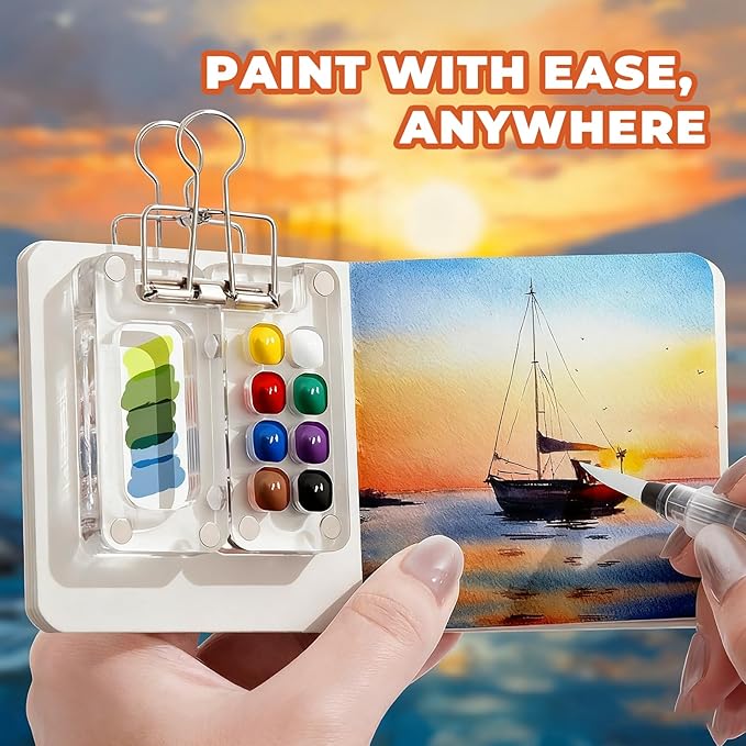 Mini Watercolor Paint Set Portable, Travel Grid Paint Palette Box with Binder Clips Include 12 Colours, Brush*3 and Picture Album Art Materials Coloring Markers for Travel, Creative Drawing Kit for Beginners and Art Enthusiasts