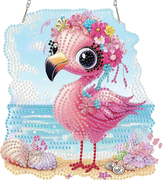Miwixy Flamingo Hanging Diamond Art,Pink Flamingo Beach Special Shaped Crystal Christmas Diamond Painting Ornament Kit DIY Double-Sided Pattern Window Pendant Gem Art Kit for Home Wall Decor
