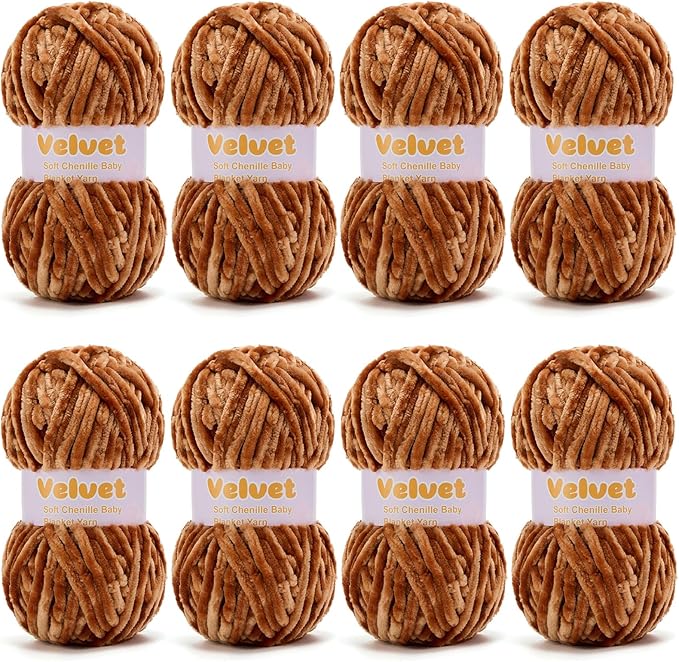 Velvet Yarn Chenille Yarn for Crocheting and Knitting Soft Chenille Bulky Baby Blanket Yarn DIY Weaving Craft 8pack Brown(4oz 66yds Each)