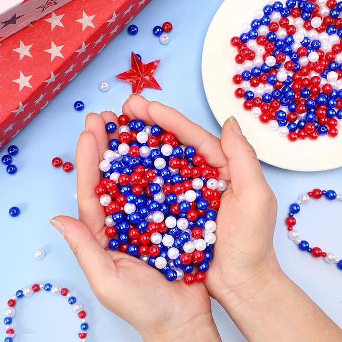 UPINS 1200Pcs Red White Blue Beads,8mm 4th of July Beads Independence Day Patriotic Pearl Beads for Jewelry Making Party Decoration Necklace Bracelets Earrings Hair Beads DIY Crafts Supplies