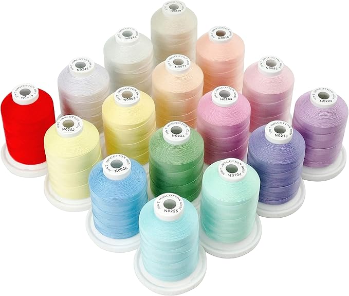 New brothread - 18 Options - Multi-Purpose 100% Mercerized Cotton Threads 50S/3 600M(660Y) Each Spool for Quilting, Serger, Sewing and Embroidery - 16 Pastel Colors