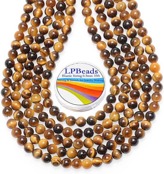 LPBeads 200Pcs Polished 6mm Round Natural Yellow Tiger Eye Gemstone Loose Beads with Stretch Cord for Jewelry Making Bracelets
