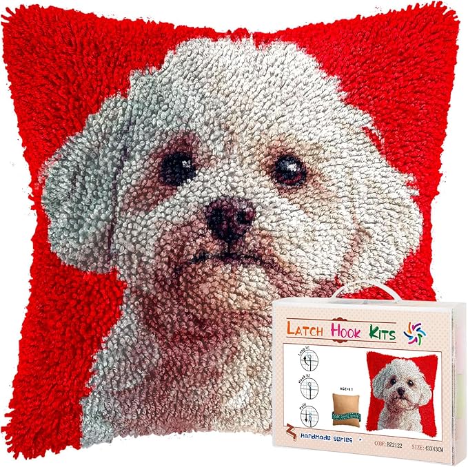 DIY Latch Hook Pillow Kits for Adults White Bichon Frise Dog Portrait Printed Pillowcase Crochet Yarns Hooking Handmade Pillow Cover Cushion for Home Sofa Decoration 17x17inch(2)