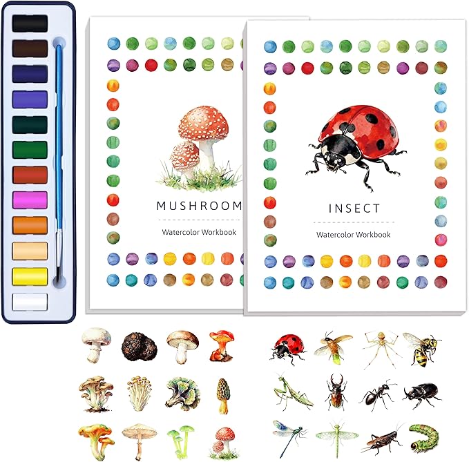 2Pcs Watercolor Workbook Creative Water Color Paint Book Set with Paints & Brush, 12 Patterns of Original DIY Designs, Beginner-Friendly Adult Coloring Books (Insect & Mushroom)
