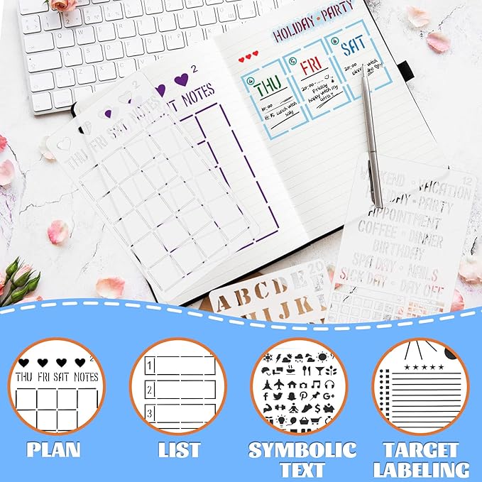 30 PCS Journal Stencils, Planner Stencils for Junk Journal Notebook Diary Scrapbook DIY Drawing Template Journal Stencil 4x7 Inch